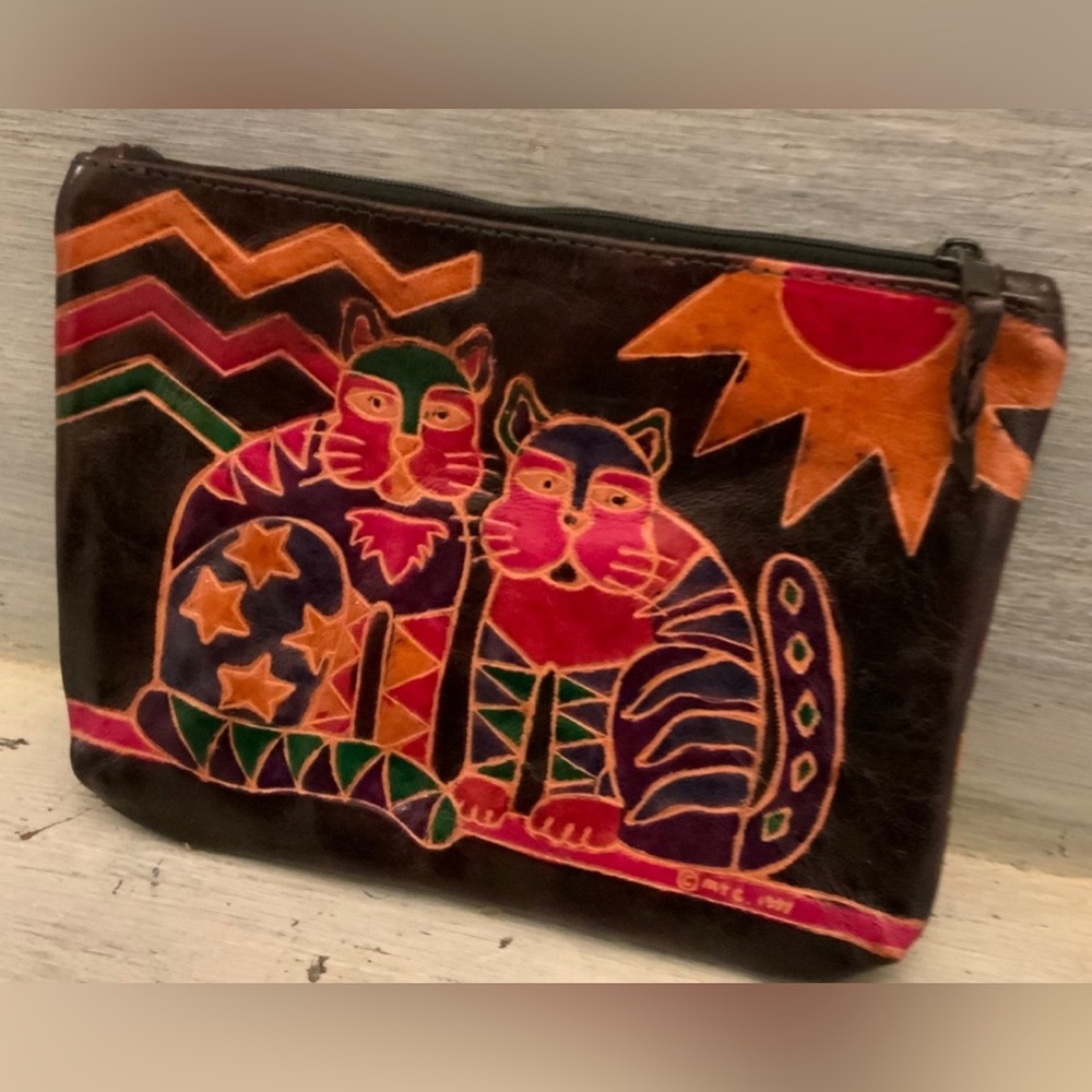Vintage Genuine Leather Colorful Embossed Cats Clutch Made in India Like New - Picture 2 of 8